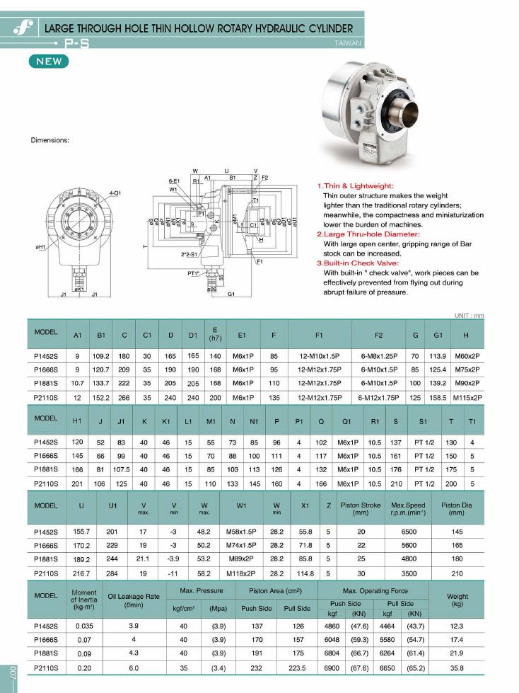 Source Frejoth catalogue page 10 — LARGE THROUGH HOLE THIN HOLLOW ROTARY HYDRAULIC CYLINDER